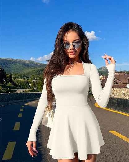 Long Sleeve Square Neck Casual A-Line Mini Dress