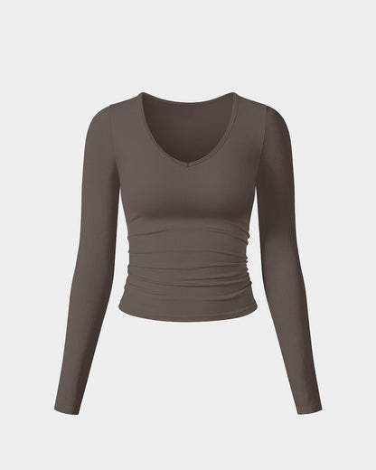 Ruched Long Sleeve V Neck Crop Tops
