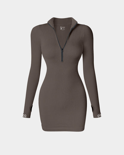 Zip Front Long Sleeve Tops Mini Dress