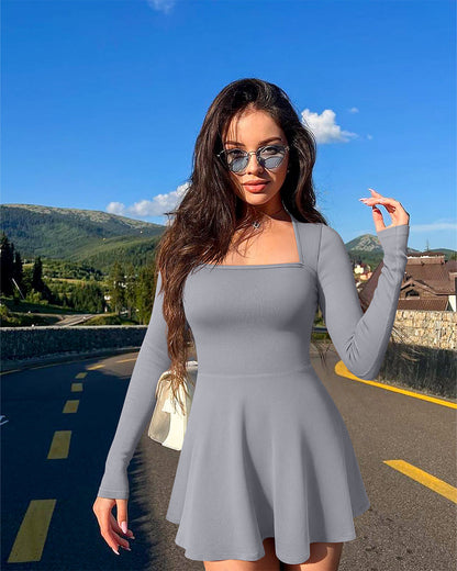 Long Sleeve Square Neck Casual A-Line Mini Dress