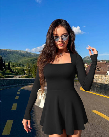 Long Sleeve Square Neck Casual A-Line Mini Dress