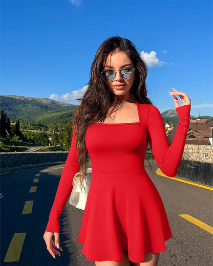 Long Sleeve Square Neck Casual A-Line Mini Dress